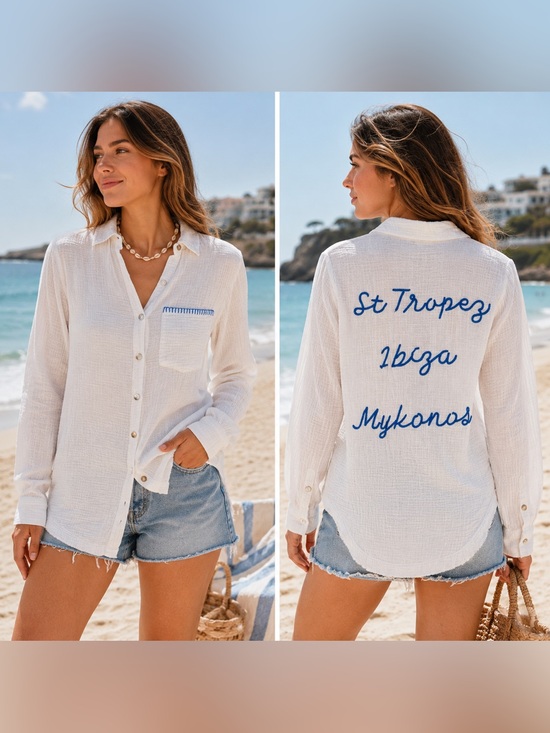 blue island Tops - Blue Island St. Tropez Ibiza Mykonos Gauze Button Front Beach Shirt Cover-Up